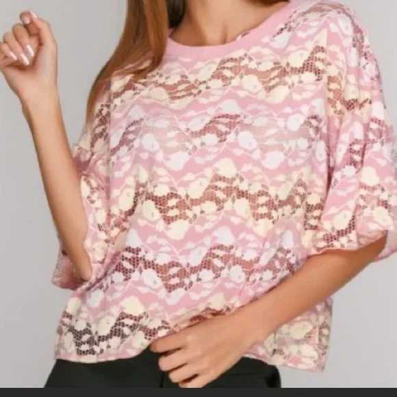 ZARA Blouse Pink Short Bell Sleeve Lace Crop Ribbed Round Neck Sheer Top… - Picture 6 of 15